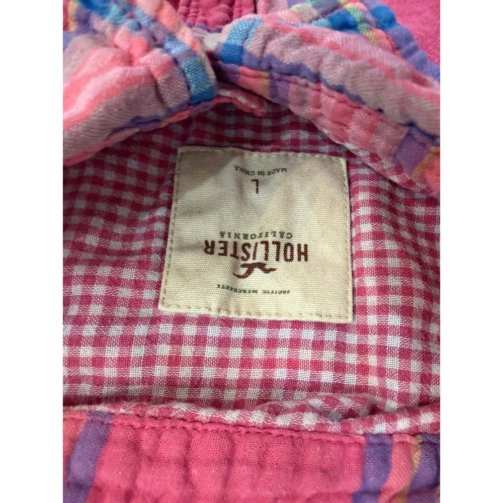 Hollister Preppy Coastal Y2K Gingham Plaid Button Down Shirt Women L Pink Blue - Picture 2 of 11